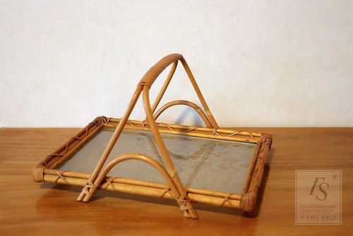 Vintage rattan serving tray with glass top